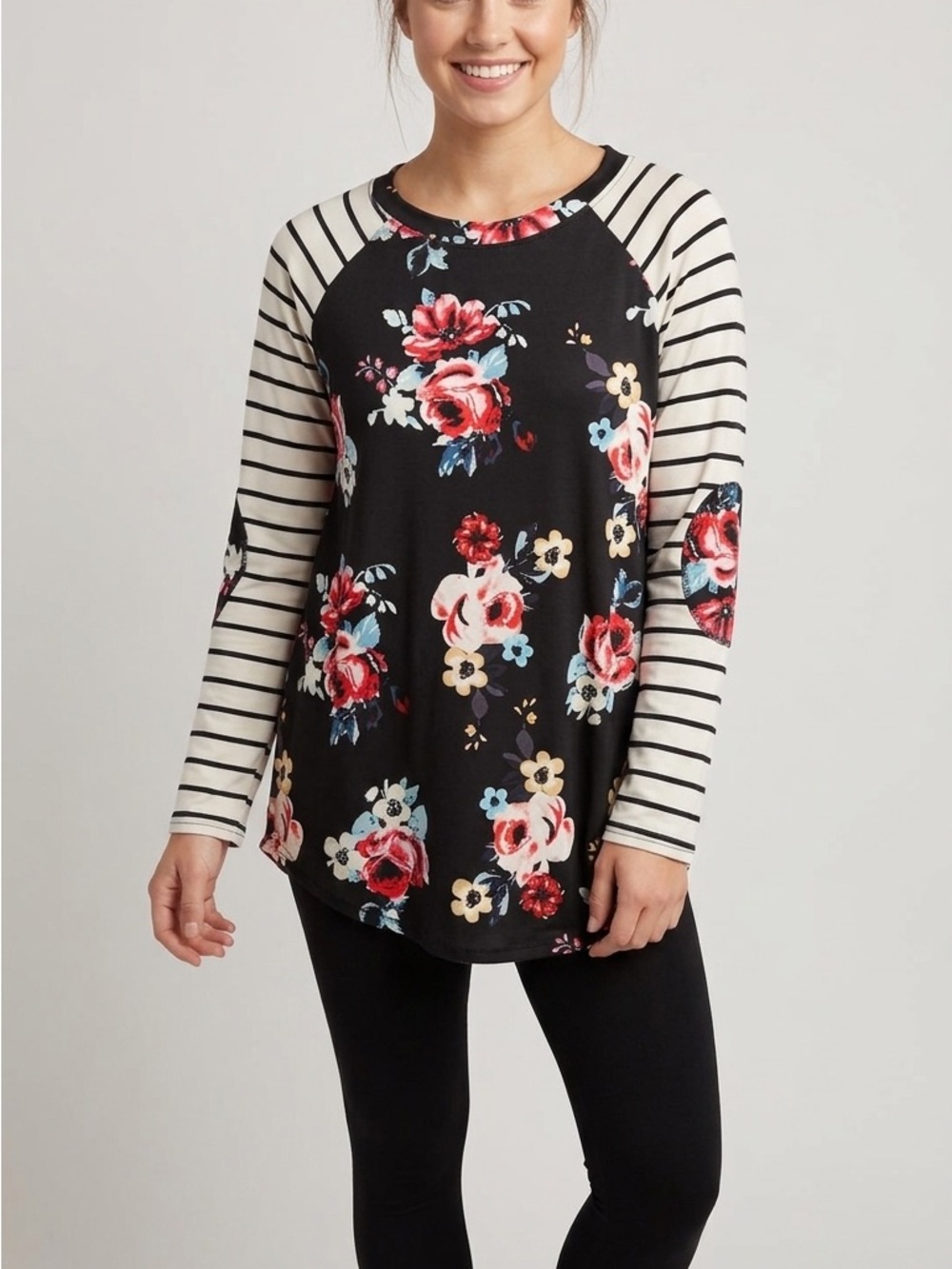 Black Floral Raglan Long-Sleeve Top with Cream Stripe Sleeves Buttons down back